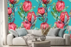 Naklejka: Ręcznie rysowane bez szwu tropikalne wzór akwarela z czerwonymi