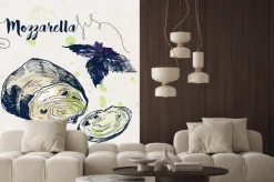 Naklejka: Ręcznie rysowane ser mozzarella i bazylia liści
