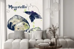 Naklejka: Ręcznie rysowane ser mozzarella i bazylia liści