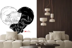 Naklejka: Ręcznie rysowane ilustracja czarno-białych kociąt spanie w kształcie