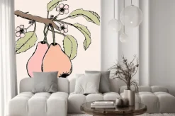 Naklejka: Ręcznie rysowane oddział z parą gruszek, kwiatów i liści