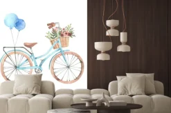 Naklejka: Ręcznie rysowane akwarela ilustracja - romantyczny rower z koszem