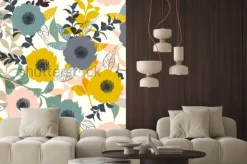 Naklejka: Ręcznie rysowane lato pastelowy kwitnący kwiat w tle lasu w nowoczesnym