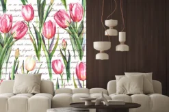 Naklejka: Ręcznie rysowane akwarele szwu z różowych i białych tulipanów