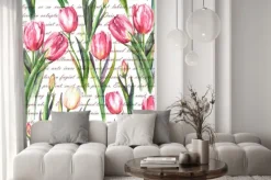 Naklejka: Ręcznie rysowane akwarele szwu z różowych i białych tulipanów