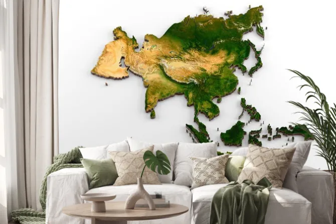 Naklejka: Realistyczna wytłaczana mapa kontynentu azjatyckiego 3d (w tym