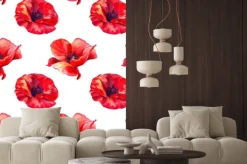 Naklejka: Red poppies on a white background. floral seamless pattern with