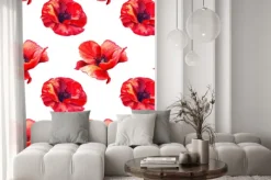 Naklejka: Red poppies on a white background. floral seamless pattern with