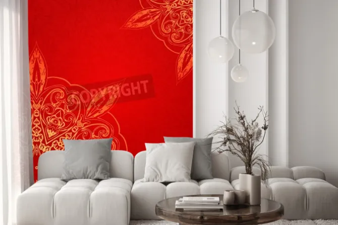 Naklejka: Red vintage etniczne karta wektor ozdoba z mandali tło karty