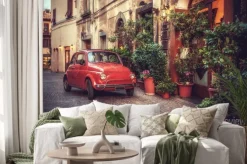 Naklejka: Retro czerwone auto włoski pejzaż