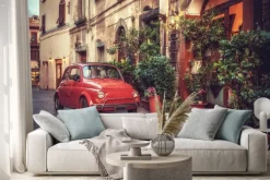 Naklejka: Retro czerwone auto włoski pejzaż