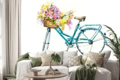 Naklejka: Retro niebieski rower z kwiatami w koszyku na białym izolacji,