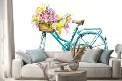 Naklejka: Retro niebieski rower z kwiatami w koszyku na białym izolacji,