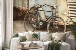 Naklejka: Retro stylem obraz starożytnej roweru i samochodu