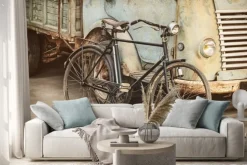 Naklejka: Retro stylem obraz starożytnej roweru i samochodu