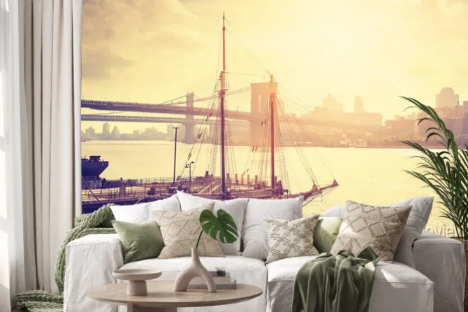 Naklejka: Retro stylizowane słońca nad rzeką hudson w nowym jorku