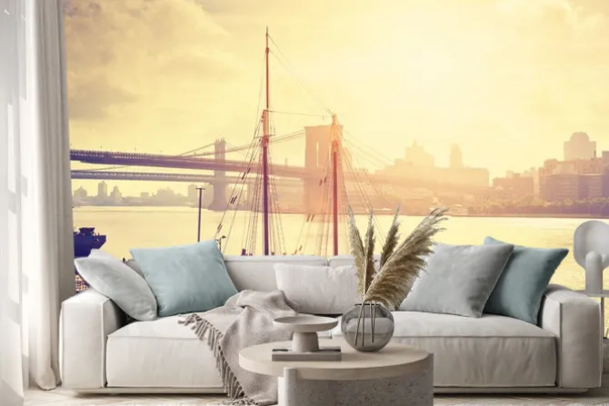 Naklejka: Retro stylizowane słońca nad rzeką hudson w nowym jorku