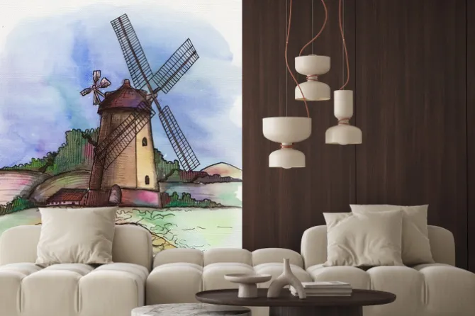 Naklejka: Ręka akwarela wyciągnąć wiatrak w holandii