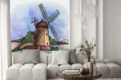 Naklejka: Ręka akwarela wyciągnąć wiatrak w holandii