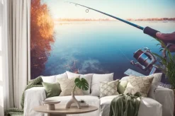 Naklejka: Ręka z przędzenia i rolce na letnim jezioro wieczorem