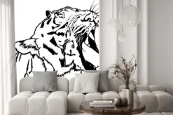 Naklejka: Roaring tiger - czarno-biały rysunek ilustracji wektorowych