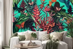 Naklejka: Rośliny i motyle z dżungli w stylu rysunku