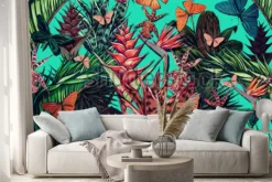 Naklejka: Rośliny i motyle z dżungli w stylu rysunku