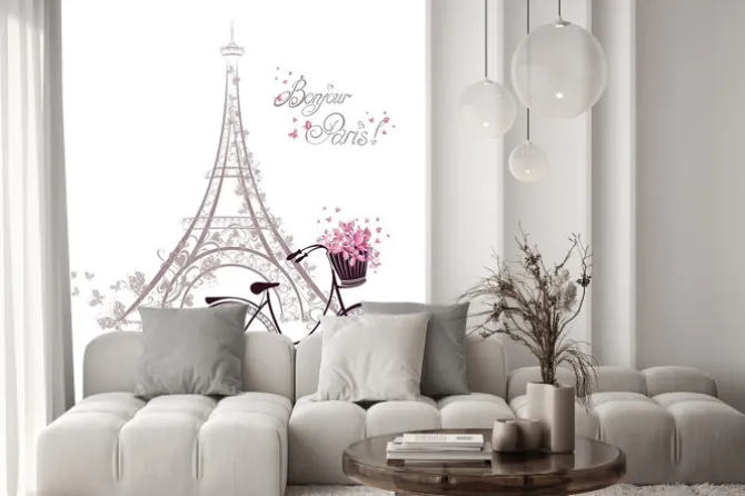 Naklejka: Romantyczna ilustracja roweru i wieży eiffla