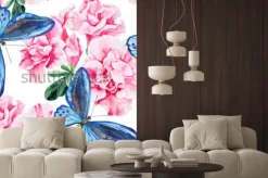 Naklejka: Różowa azalia i niebieskie motyle. bez szwu, ręcznie malowany,