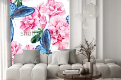 Naklejka: Różowa azalia i niebieskie motyle. bez szwu, ręcznie malowany,