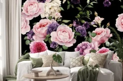 Naklejka: Różowe i fioletowe kwiaty na czarnym tle