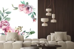 Naklejka: Różowe kwiaty i liście tworzące wianek