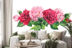 Naklejka: Różowe kwiaty piwonii i czerwone róże. akwarela