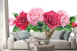 Naklejka: Różowe kwiaty piwonii i czerwone róże. akwarela