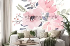 Naklejka: Różowe kwiaty w stylu akwareli na białym tle