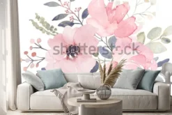 Naklejka: Różowe kwiaty w stylu akwareli na białym tle