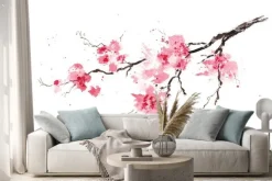 Naklejka: Różowe kwiaty wiśni w stylu akwareli