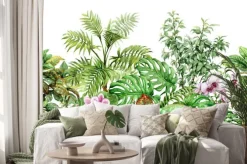 Naklejka: Różowe kwiaty wśród tropikalnych roślin