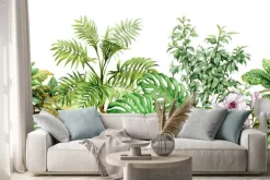 Naklejka: Różowe kwiaty wśród tropikalnych roślin