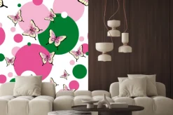 Naklejka: Różowe motyle na tle kolorowych kółek