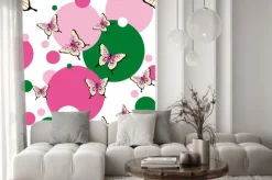 Naklejka: Różowe motyle na tle kolorowych kółek