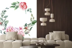 Naklejka: Różowe piwonie na wianku