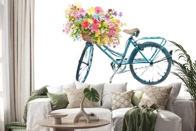 Naklejka: Rower z kwiatami w koszyku