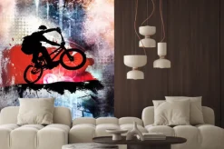 Naklejka: Rowerzysta na bmx na czerwonym abstrakcyjnym tle