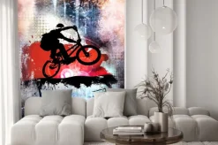 Naklejka: Rowerzysta na bmx na czerwonym abstrakcyjnym tle