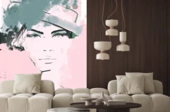 Naklejka: Różowo-szary portret kobiety z kapeluszem