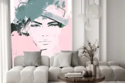 Naklejka: Różowo-szary portret kobiety z kapeluszem