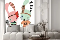 Naklejka: Różowy i miętowy królik z piórami