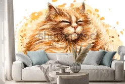 Naklejka: Rudy puszysty kot w stylu akwareli