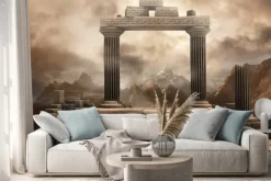 Naklejka: Ruiny starożytnej bramy na tle gór